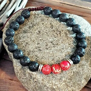 Chakra Healing Gemstone Bracelet Red Aqua Terra Jasper Black Lava